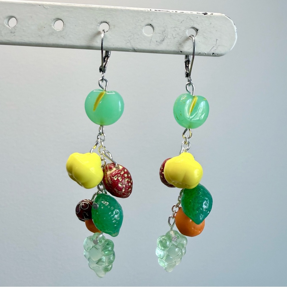 Multicolor Fruit Cluster Dangle Earrings With Cloisonné